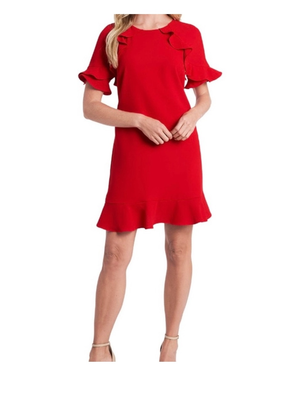 CeCe sz 4 Red Ruffle Short-Sleeve Dress flounce hem holiday festive Christmas